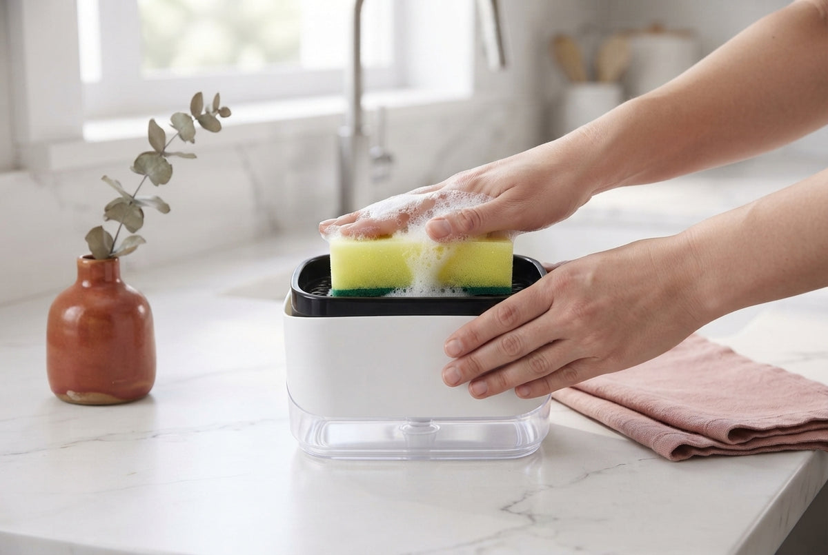 A 2-in-1 soap dispenser and sponge holder on a clean kitchen countertop with soft rose and sienna accents.